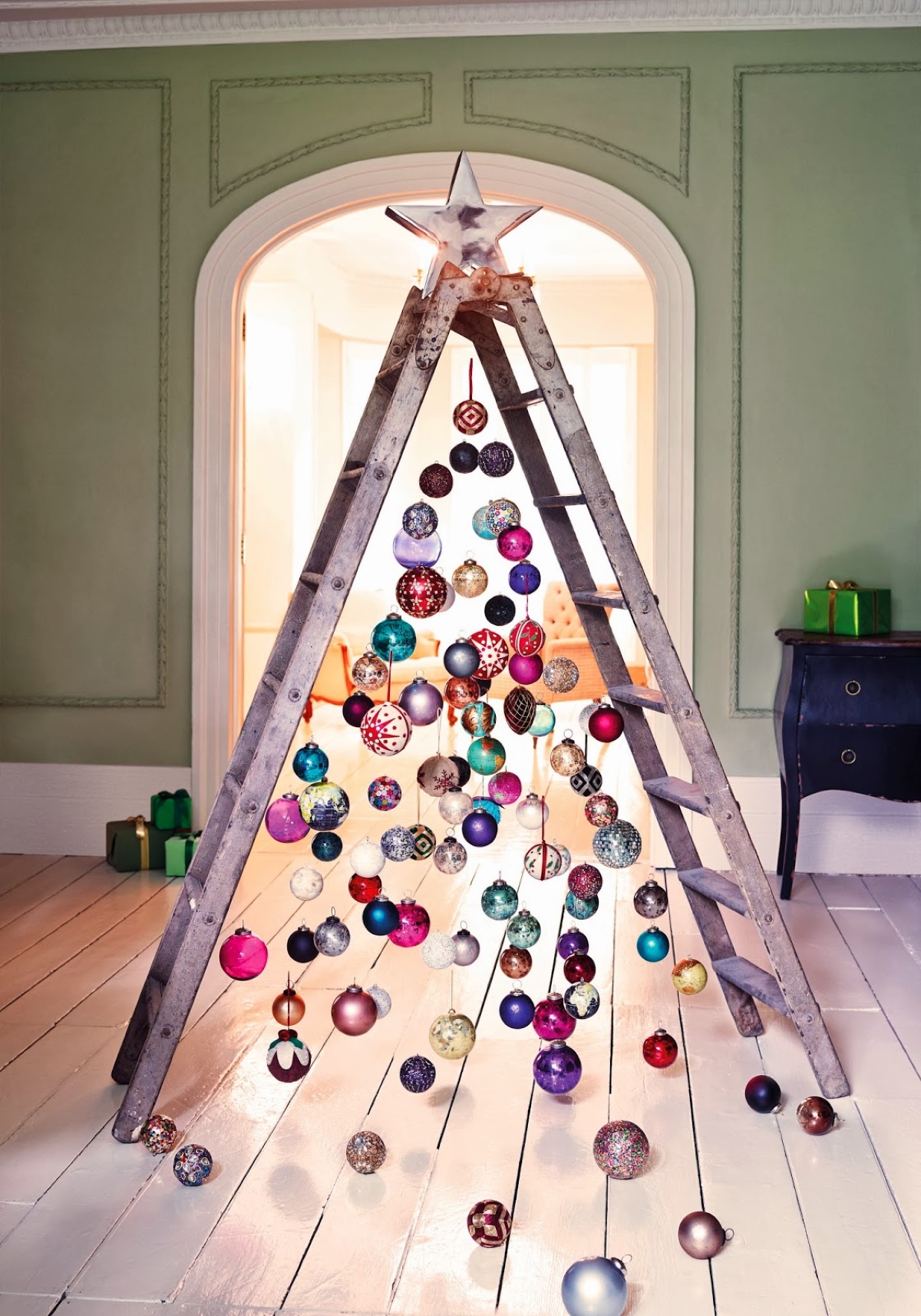 alternative christmas tree made of wood, steel, and salvaged material